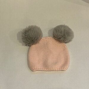 Hanna Andersson Pink Knit Hat with Gray Pom Poms